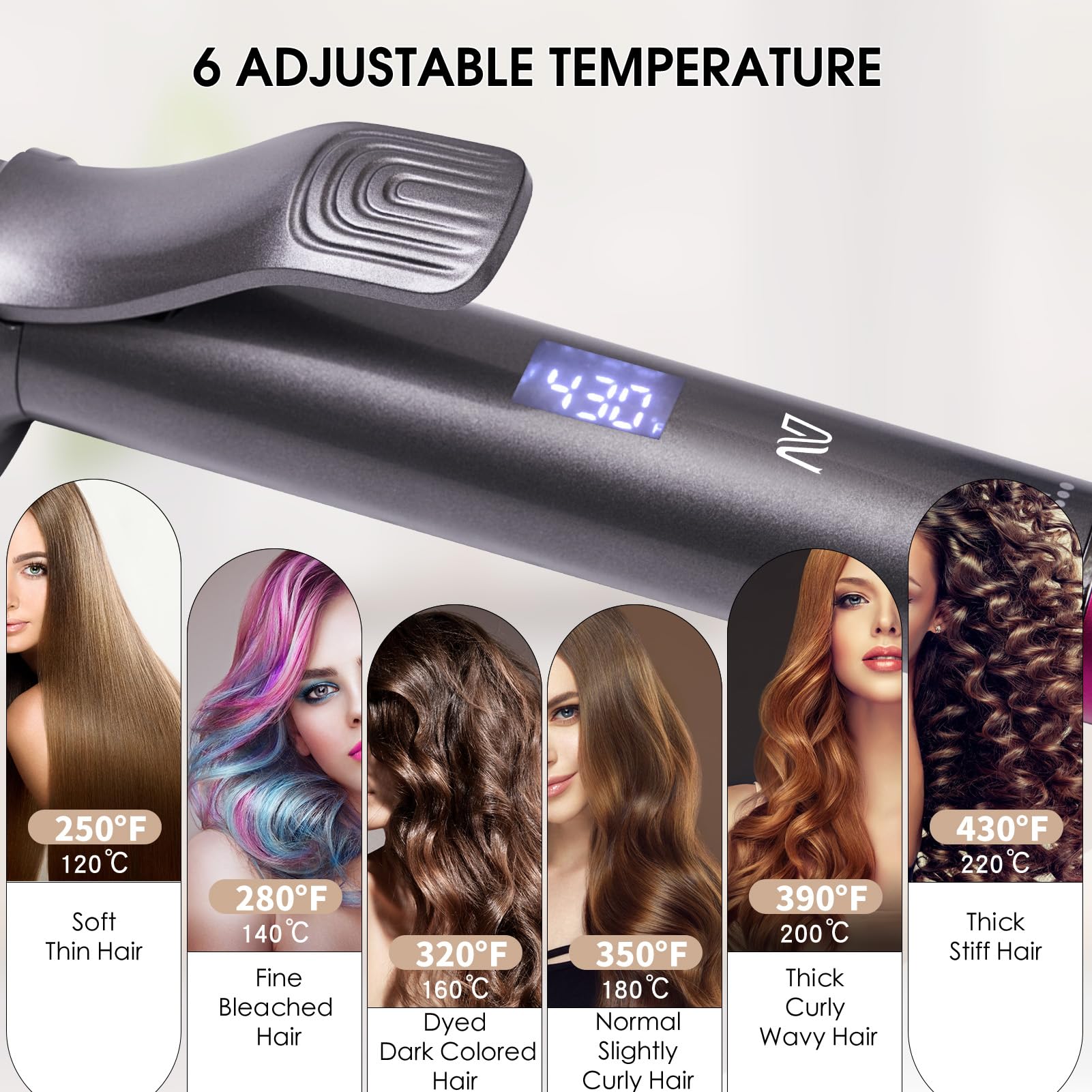 Nycoba curling iron fast heat with PTC technology for quick styling.