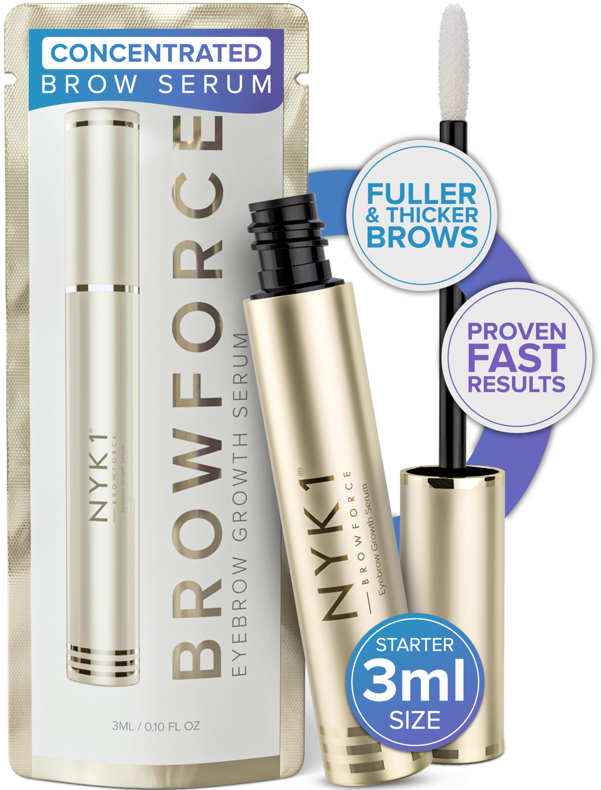 NYK1 BrowForce serum bottle showing the clear, lightweight formula for easy application