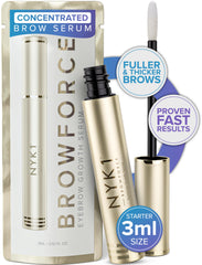 NYK1 BrowForce serum bottle showing the clear, lightweight formula for easy application