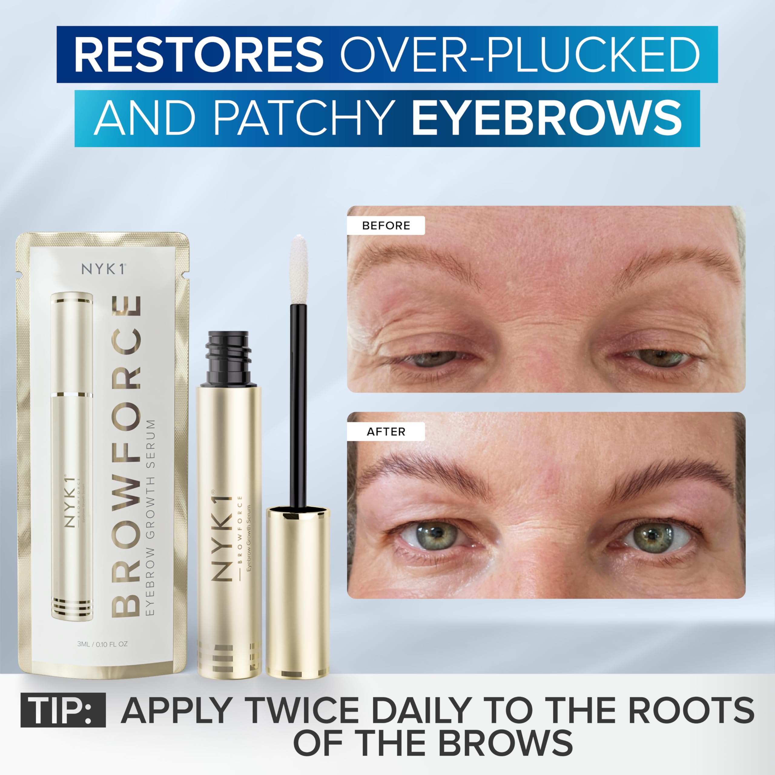 NYK1 BrowGrowth before-after comparison showing fuller brows