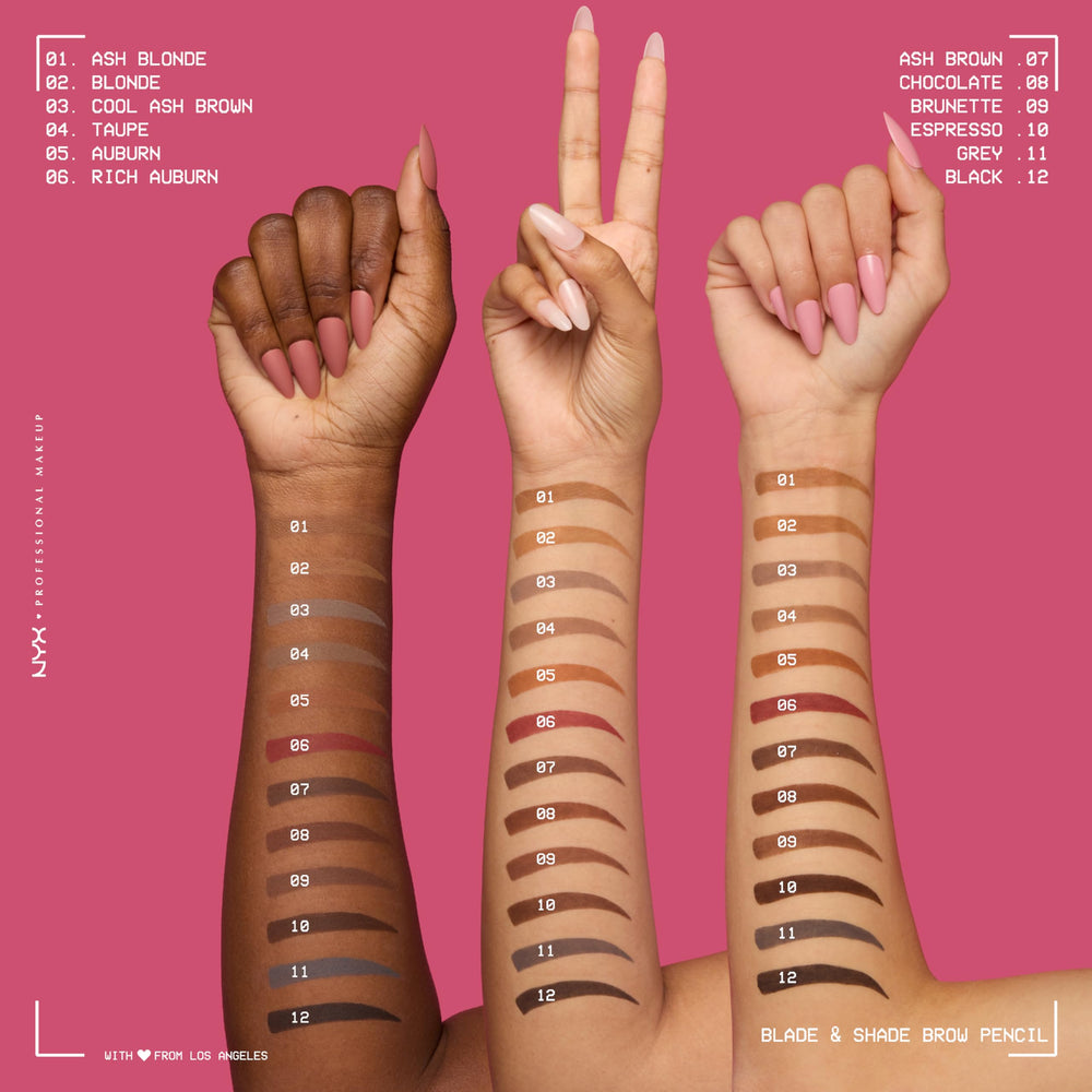 NYX Blade & Shade Brow Pencil showcasing a 12-shade brow range.