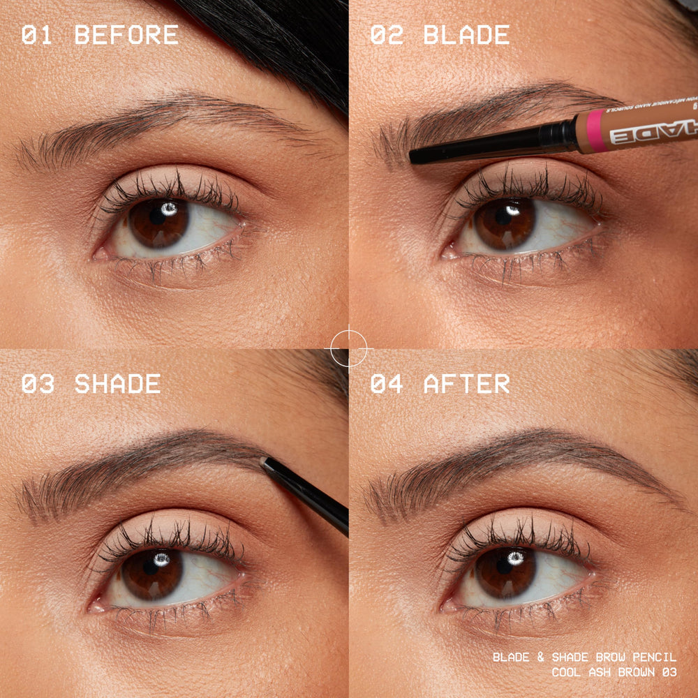 Flip-and-shade action demonstrated with NYX Blade & Shade Brow Pencil.