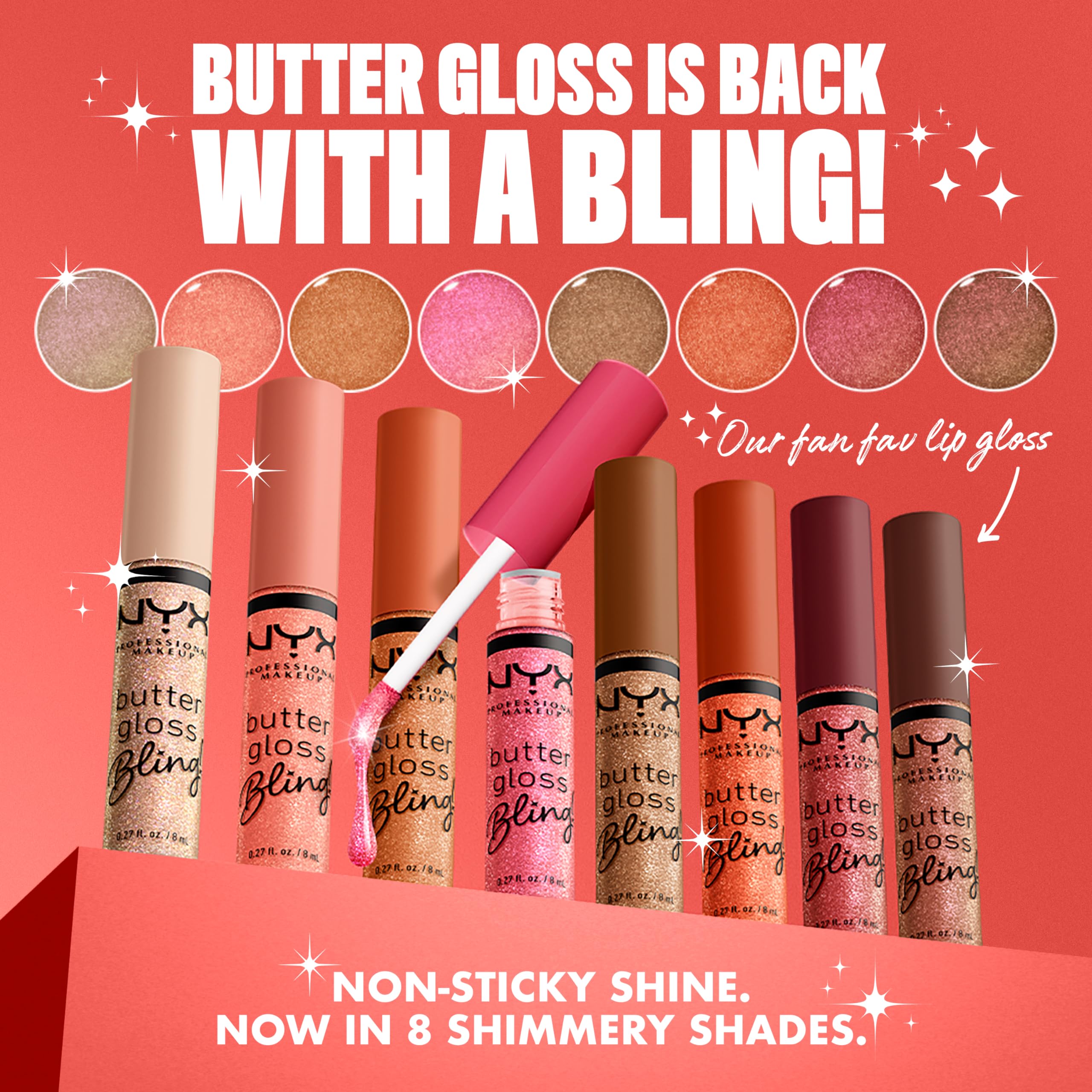 Swatches of NYX Butter Gloss Bling reveal 31 shades and 8 blingy options.