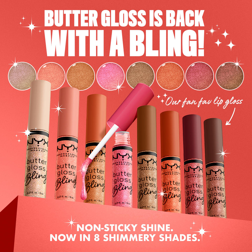 Swatches of NYX Butter Gloss Bling reveal 31 shades and 8 blingy options.