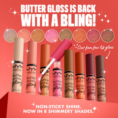 Swatches of NYX Butter Gloss Bling reveal 31 shades and 8 blingy options.