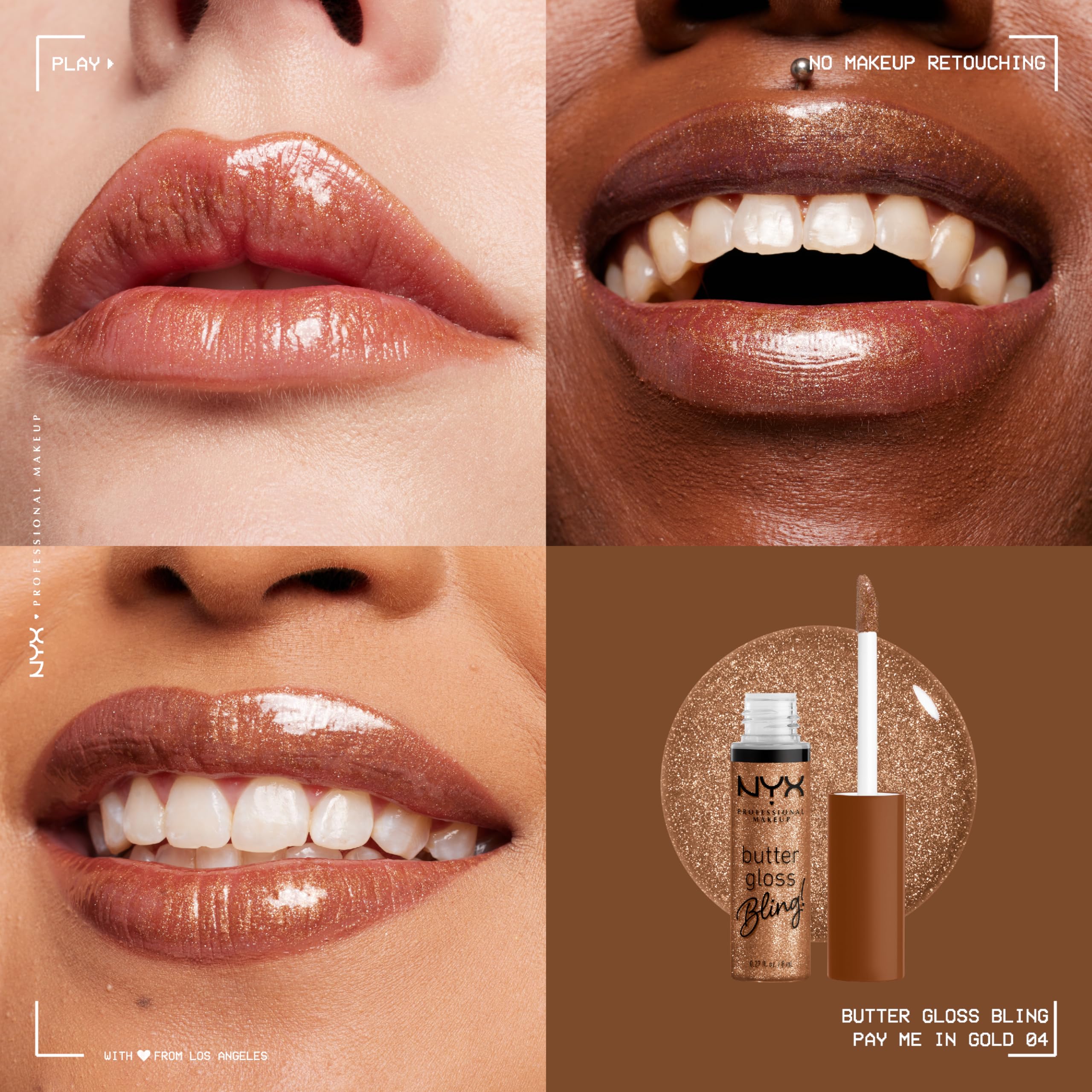 Close-up of NYX Butter Gloss Bling wand showing a smooth, non-sticky finish.