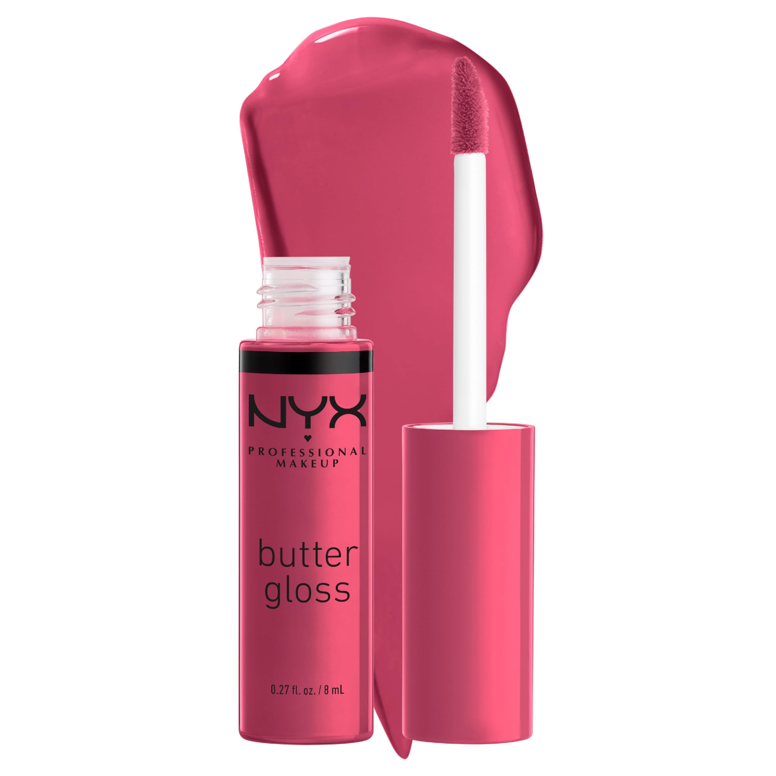 NYX Butter Gloss Strawberry Cheesecake closeup shows warm pink shine for everyday lips
