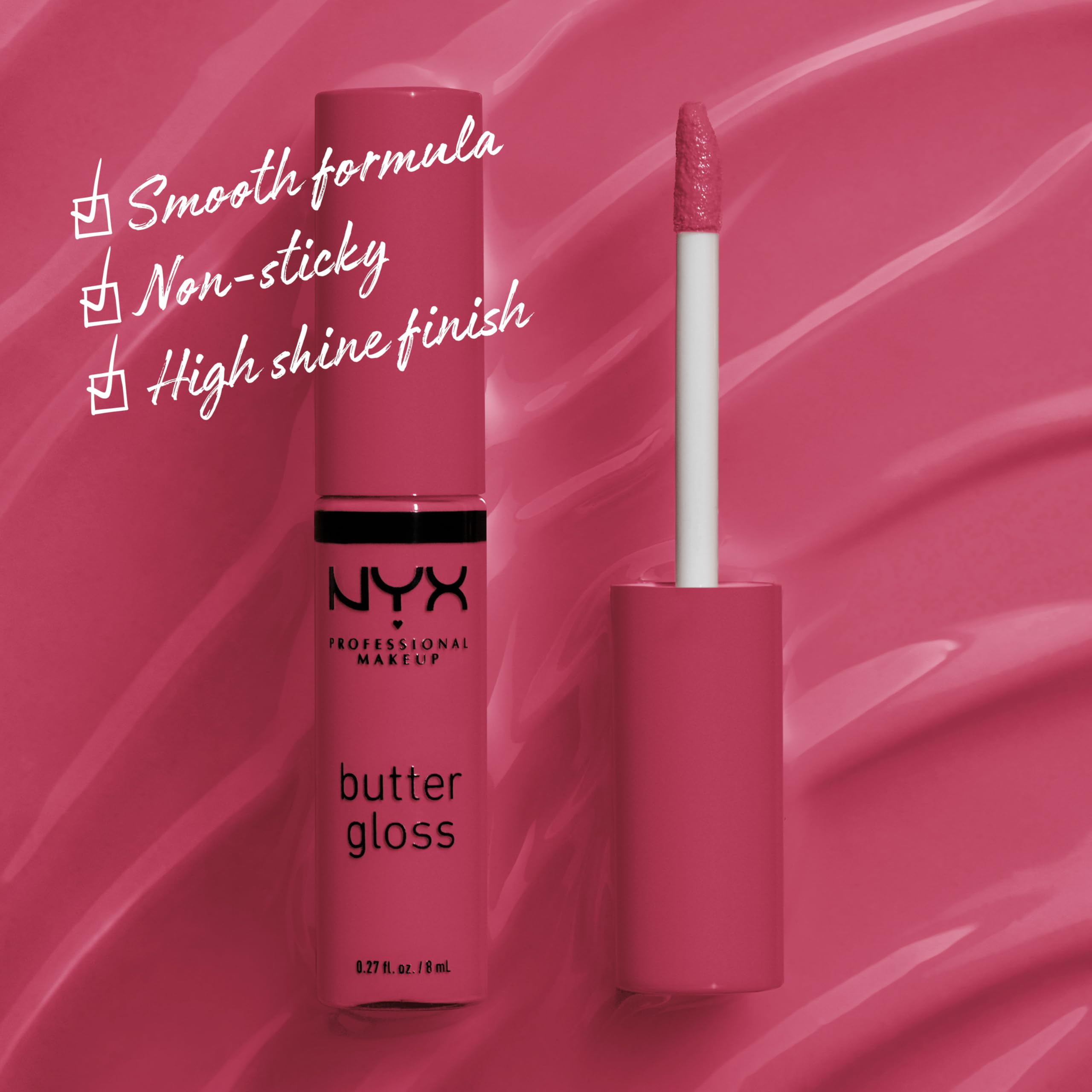 NYX Butter Gloss Strawberry Cheesecake lips swatch highlights creamy, non-sticky texture