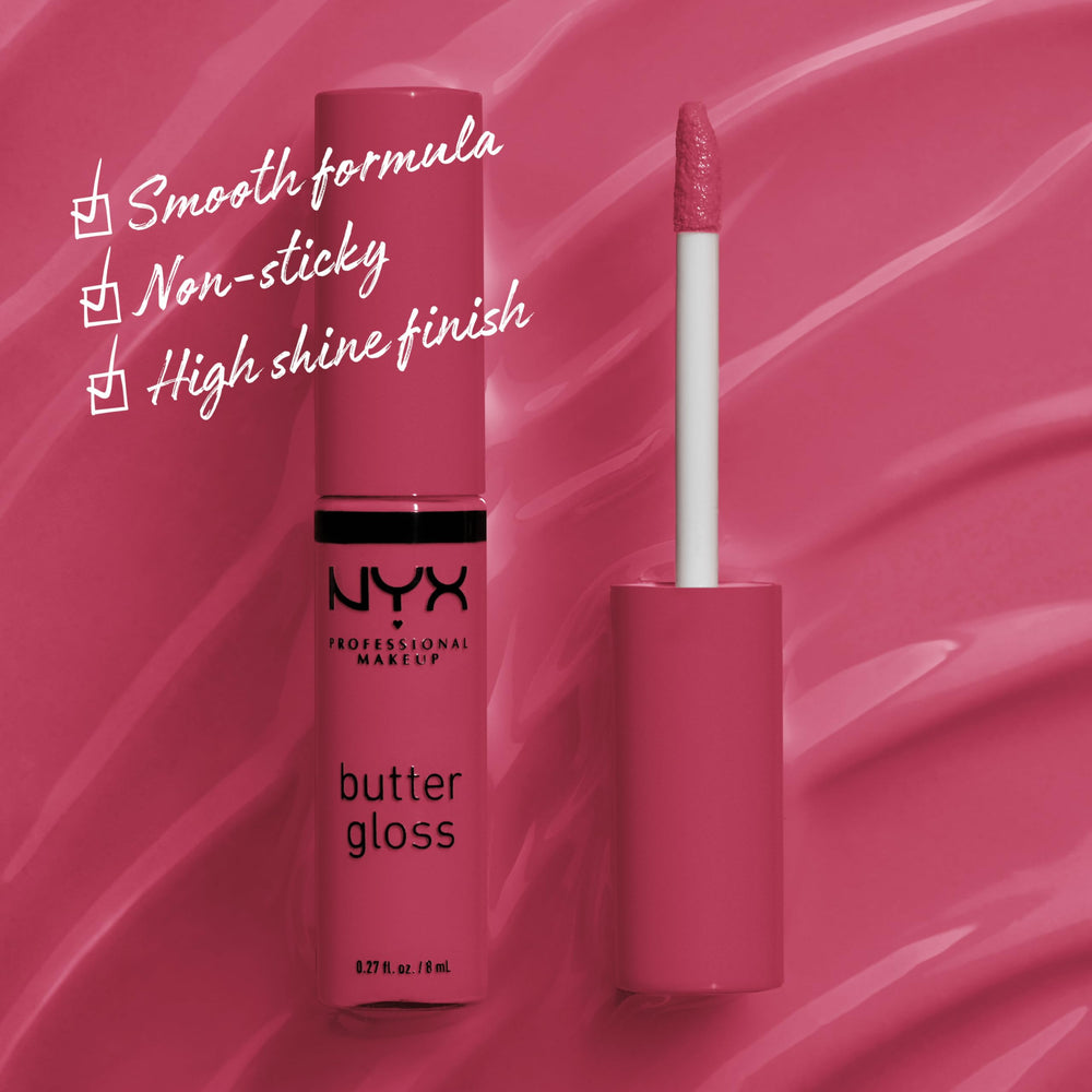 NYX Butter Gloss Strawberry Cheesecake lips swatch highlights creamy, non-sticky texture
