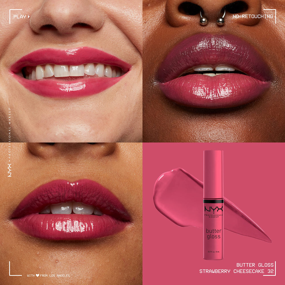 NYX Butter Gloss Strawberry Cheesecake packaging with sleek bottle and cruelty-free badge