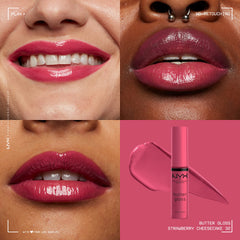 NYX Butter Gloss Strawberry Cheesecake packaging with sleek bottle and cruelty-free badge
