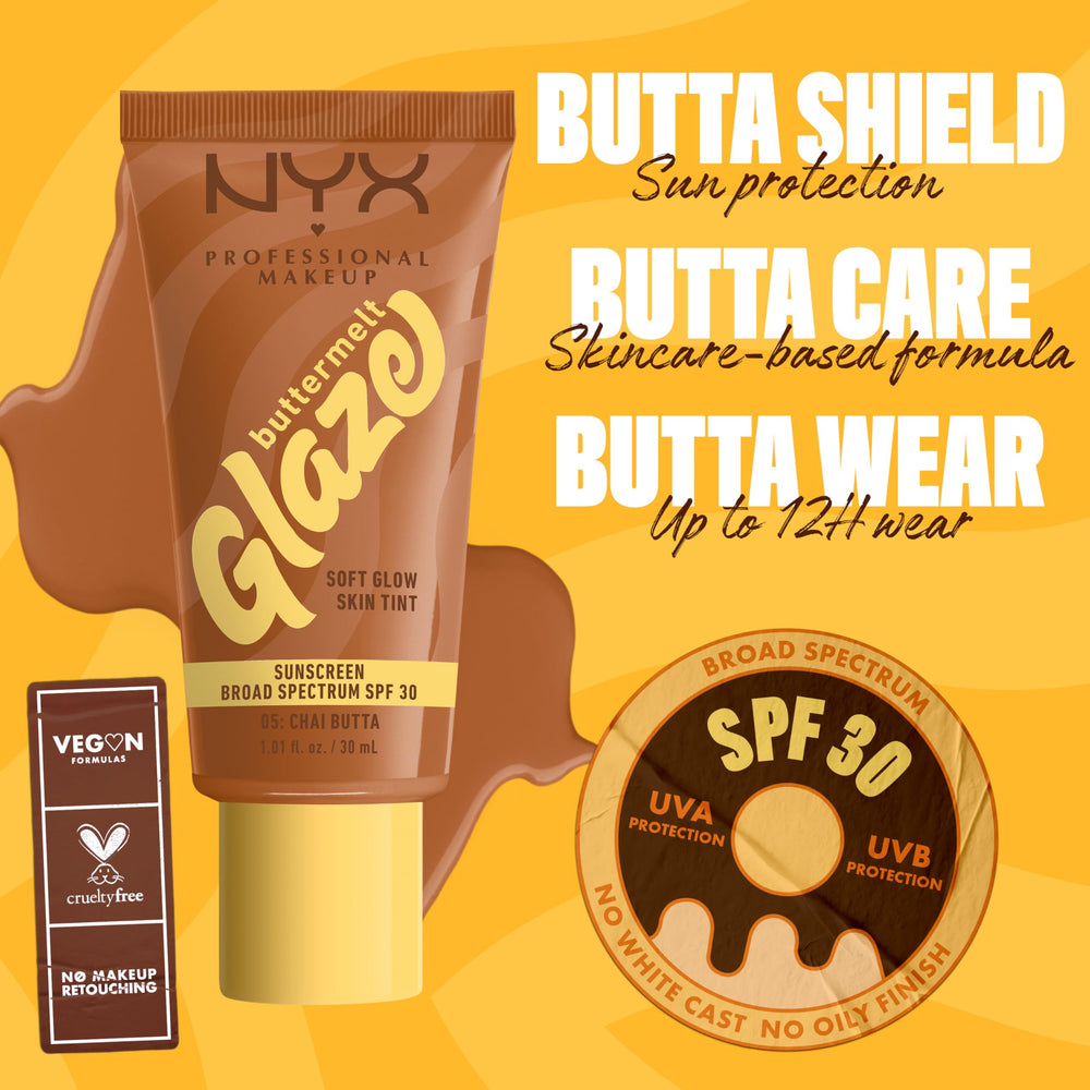 Nyx Buttermelt Glaze close-up reveals glazed donut finish on skin.