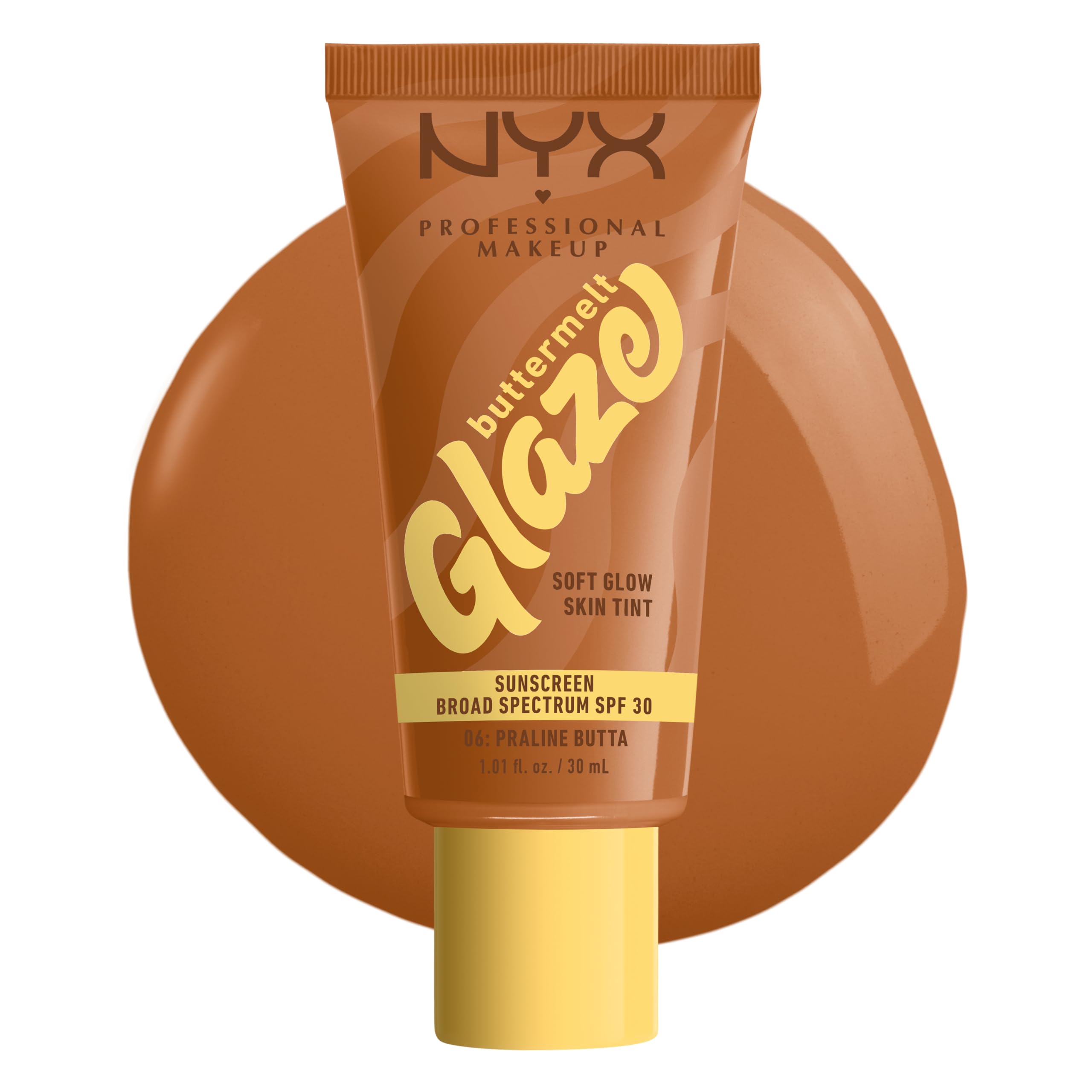 NYX Buttermelt Glaze 06 Praline Butta swatch with glazed glow