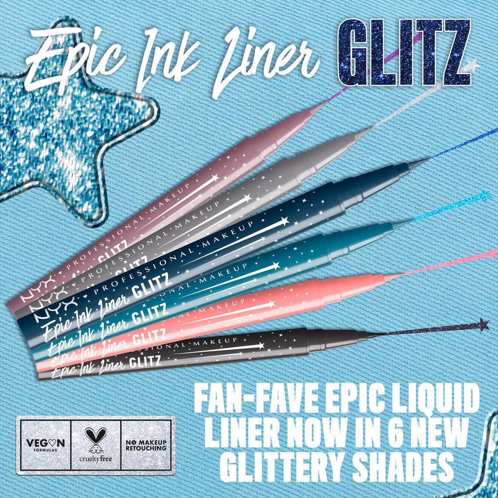 Close-up highlighting 24-hour wear potential of NYX Epic Ink Glitz metallic liner