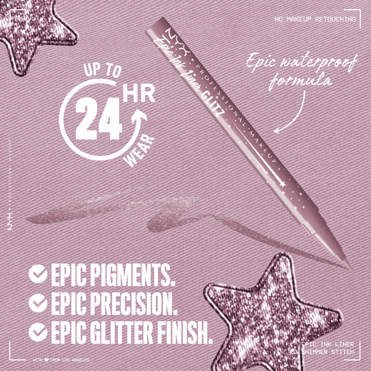 Waterproof glitter finish on NYX Epic Ink Glitz liner for all-day wear