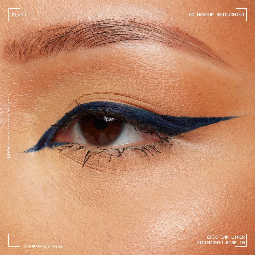 Waterproof swatch demonstrating long wear of NYX Epic Ink Liner in Deep Navy.