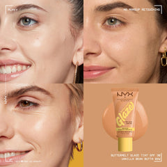 NYX Buttermelt Glaze SPF 30 label highlights broad protection.
