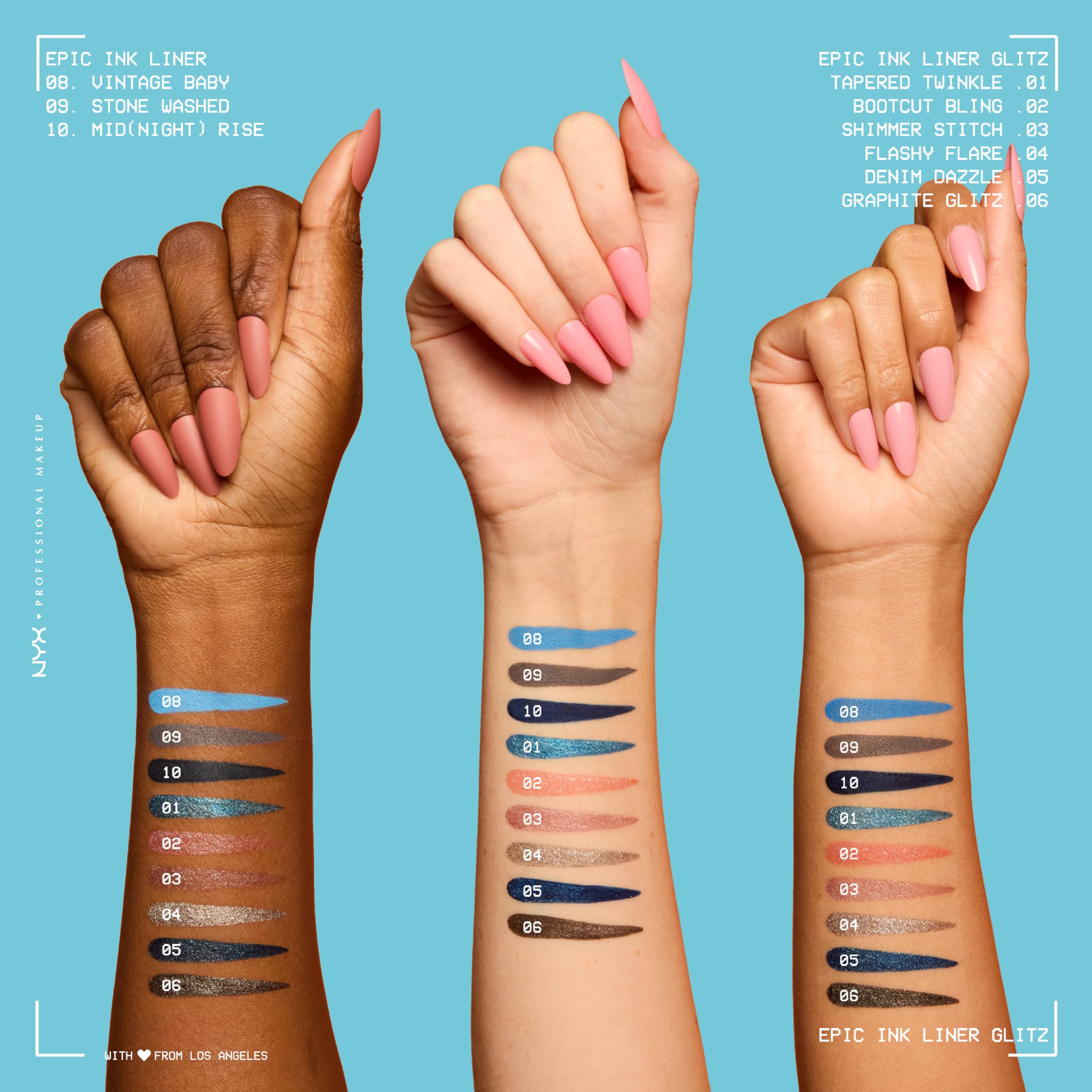 Six-shade NYX Epic Ink Glitz glitter collection displayed
