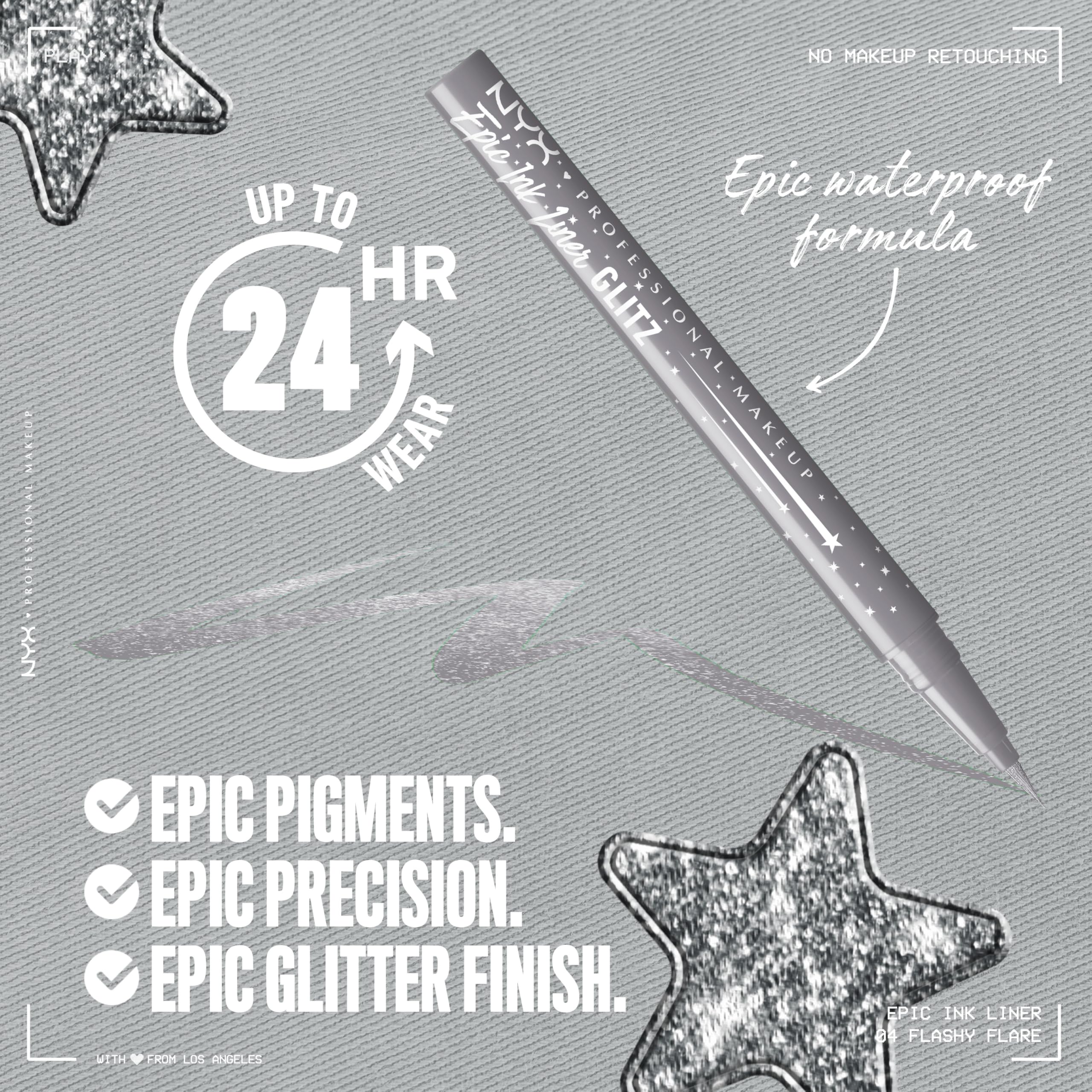 NYX Epic Ink Glitz swatches showing glitter finish and metallic shine