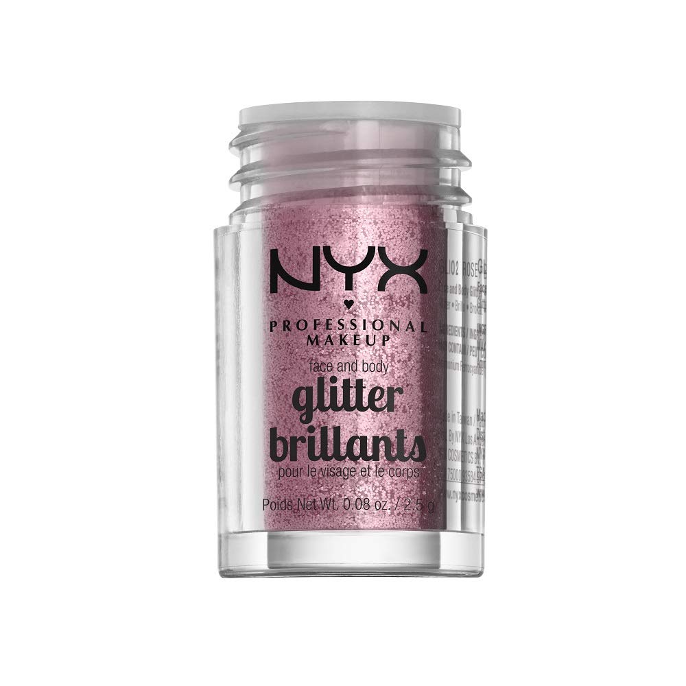 NYX Face & Body Glitter Rose on the cheek for radiant highlight