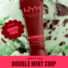 Application shot showing smushy feel and all day comfort on lips.