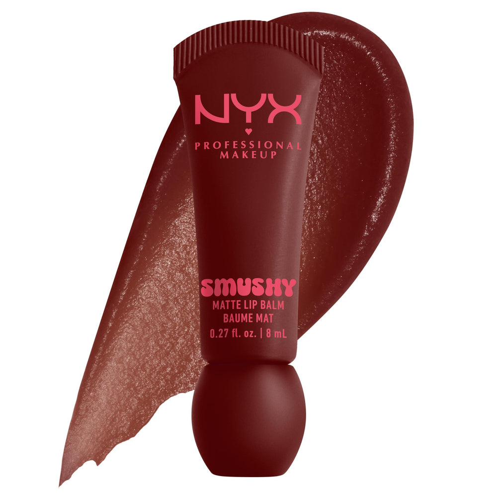 Nyx Smushy Matte Lip Balm packaging in chocolate brown with vegan lip care.