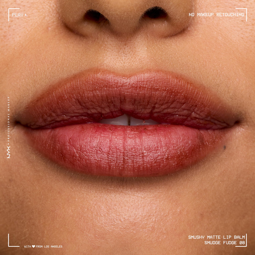 Swatch of Smushy Matte Lip Balm chocolate brown for everyday color.