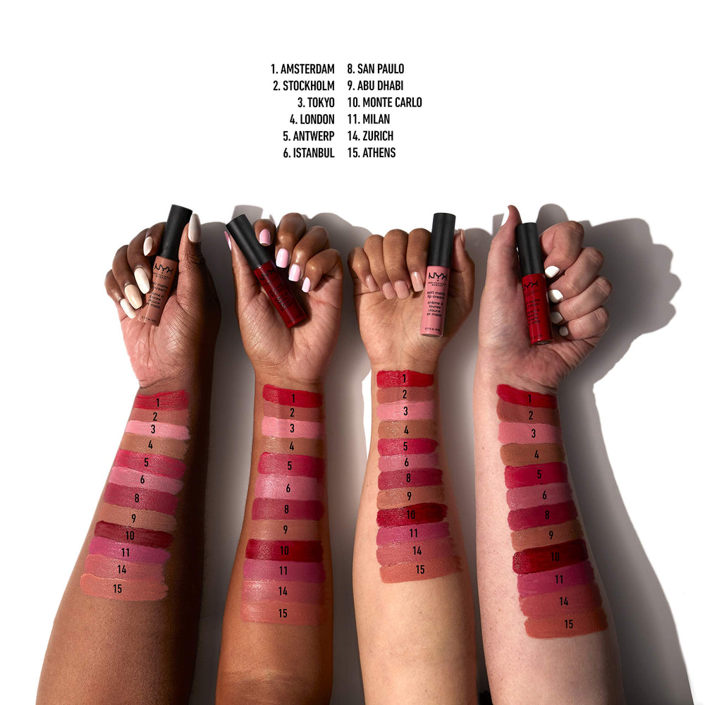 NYX Soft Matte Lip Cream Stockholm packaging with cruelty-free branding and travel-friendly design.