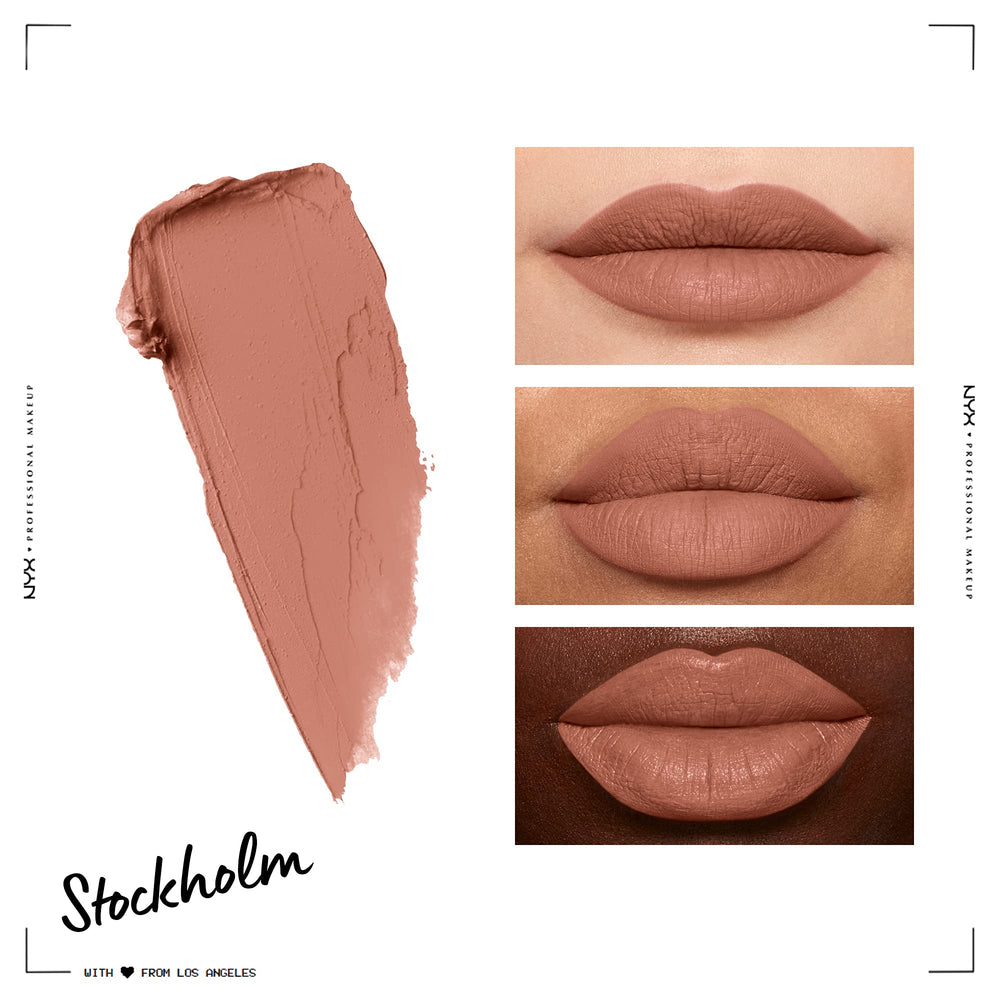 NYX Soft Matte Lip Cream Stockholm swatch highlights mid-tone beige pink shade.