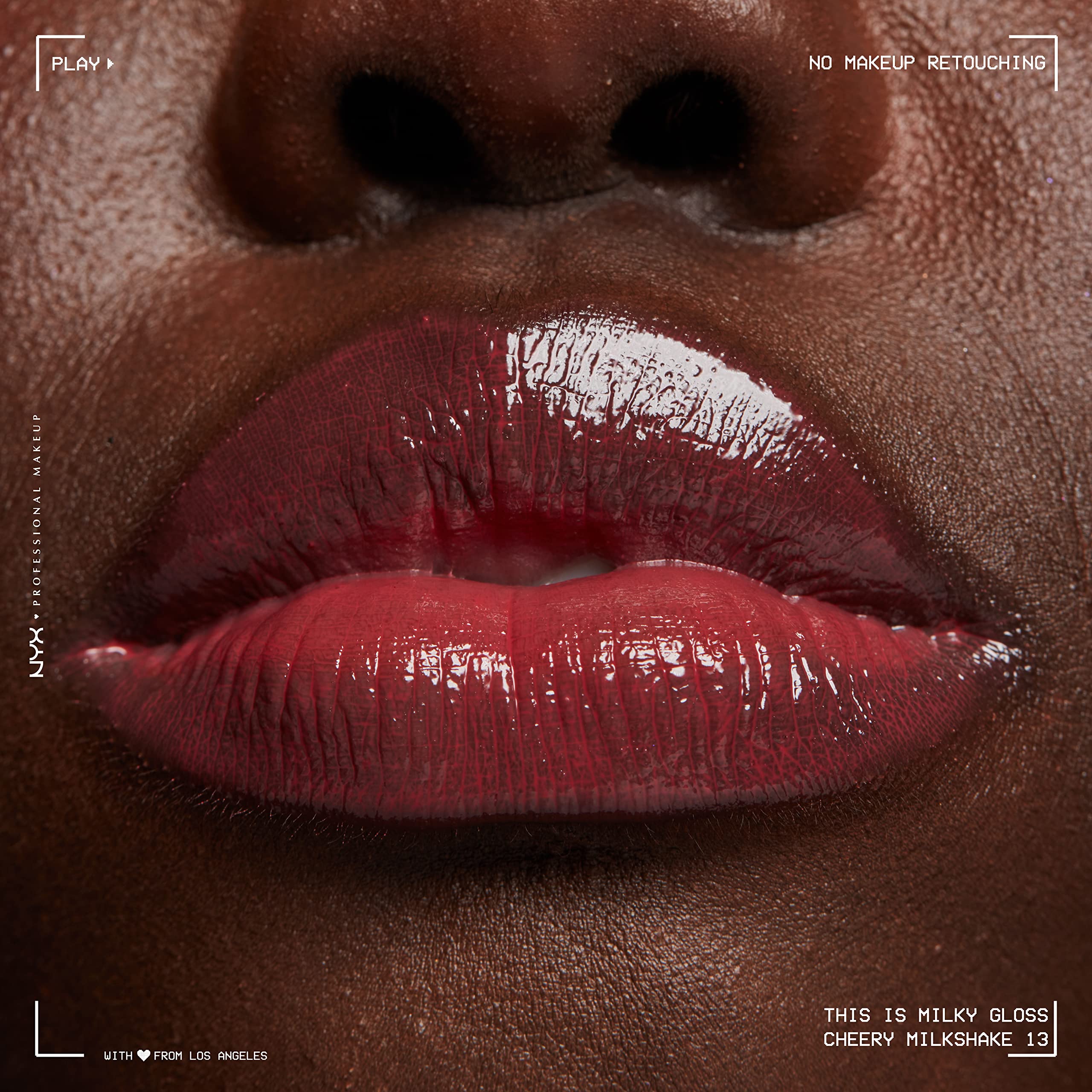 NYX This Is Milky Gloss Cherry Milkshake gloss on lips with shine