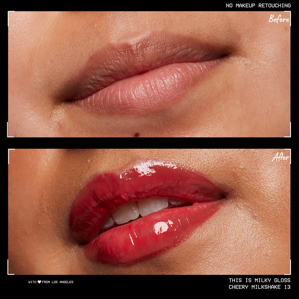 NYX This Is Milky Gloss Cherry Milkshake lip swatches showing milky color