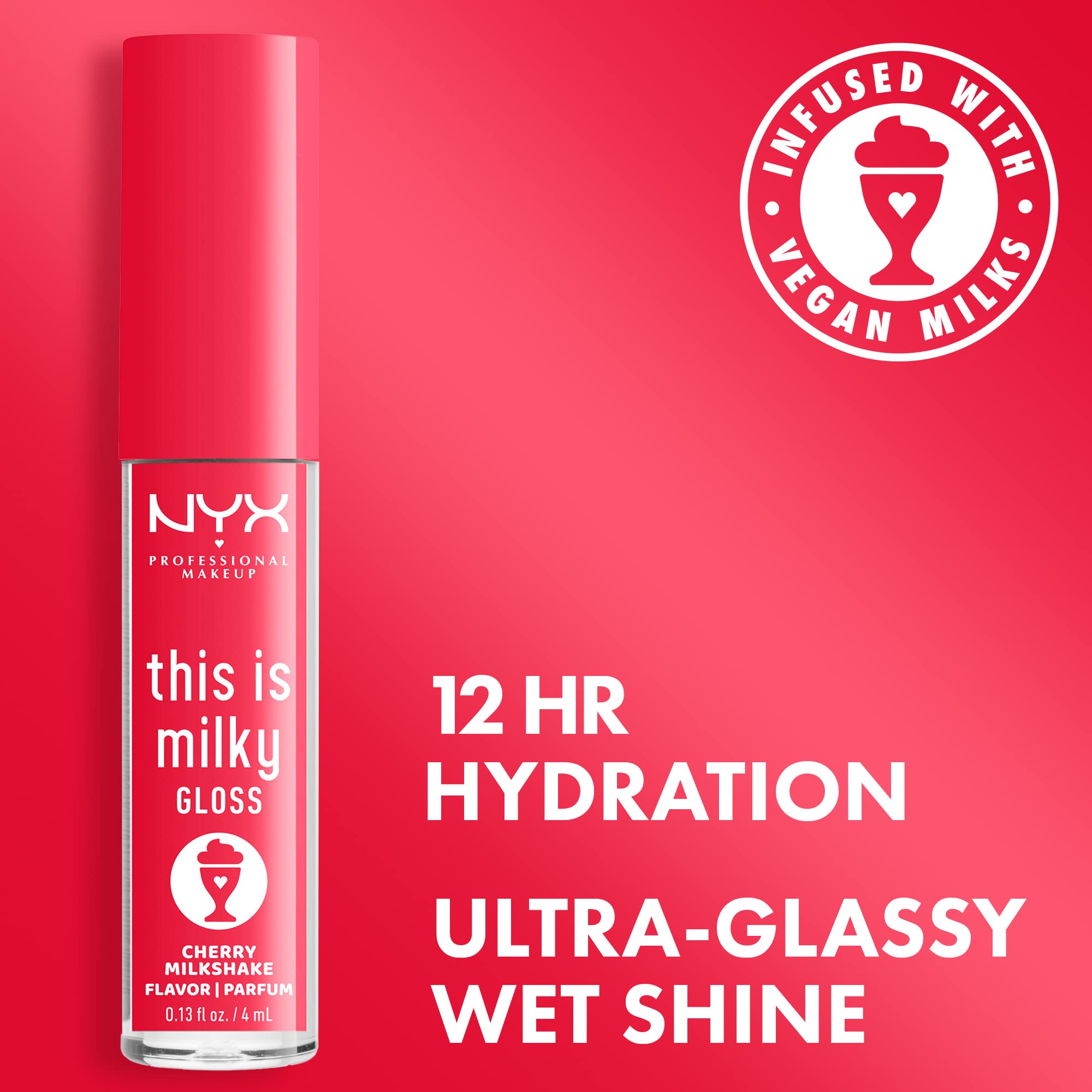 NYX This Is Milky Gloss Cherry Milkshake tube on desk highlights portable vegan shade