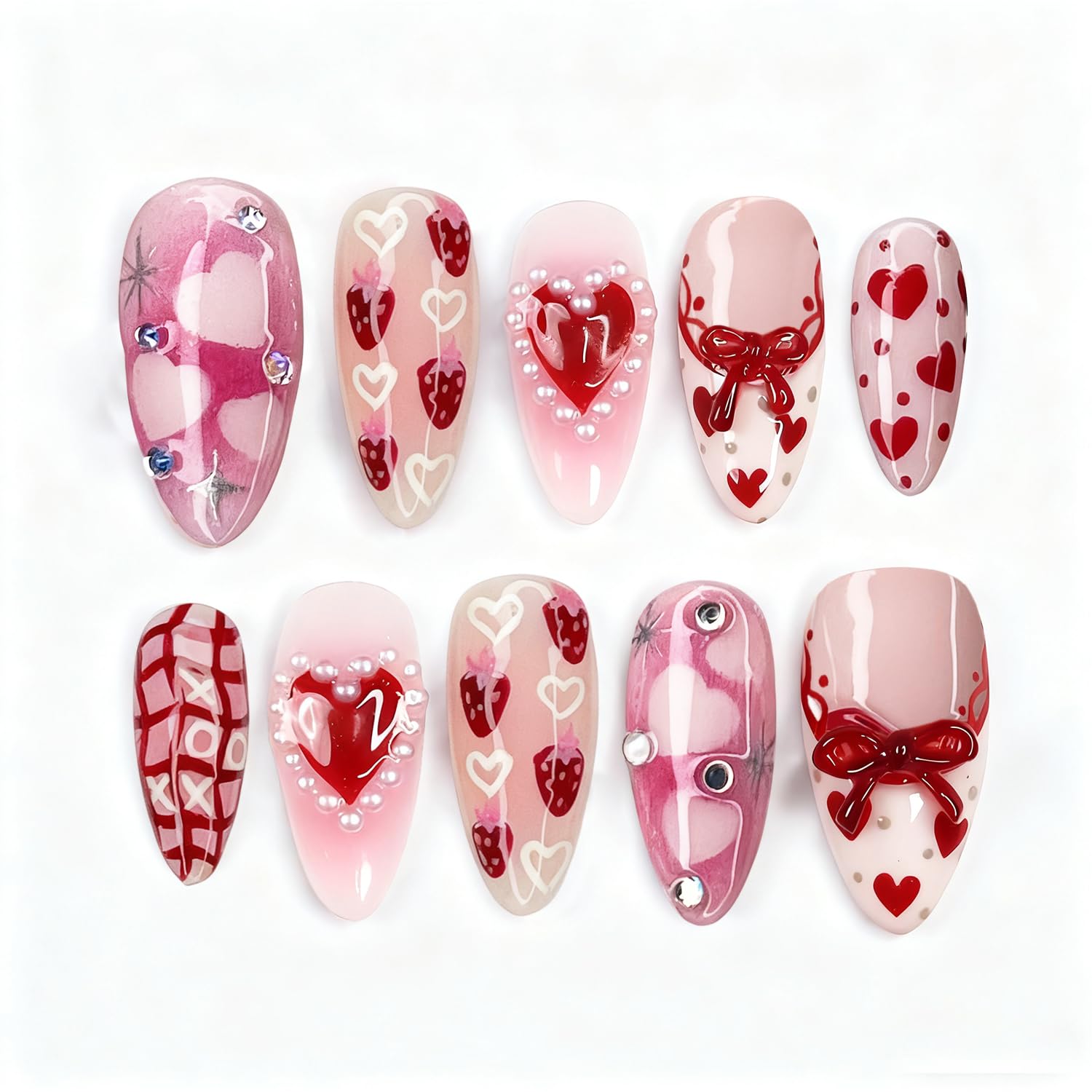 NZRAESTRS Valentines press-on nails pack with rhinestones for a salon-style home manicure