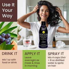 NZURI Elixir bottle pouring capsules into a glass for daily intake.