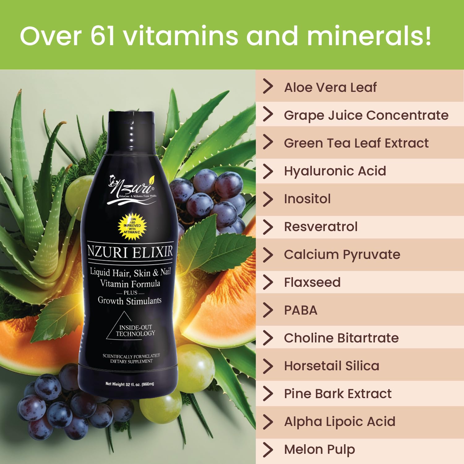 NZURI Elixir label close-up highlighting key ingredients for beauty support.