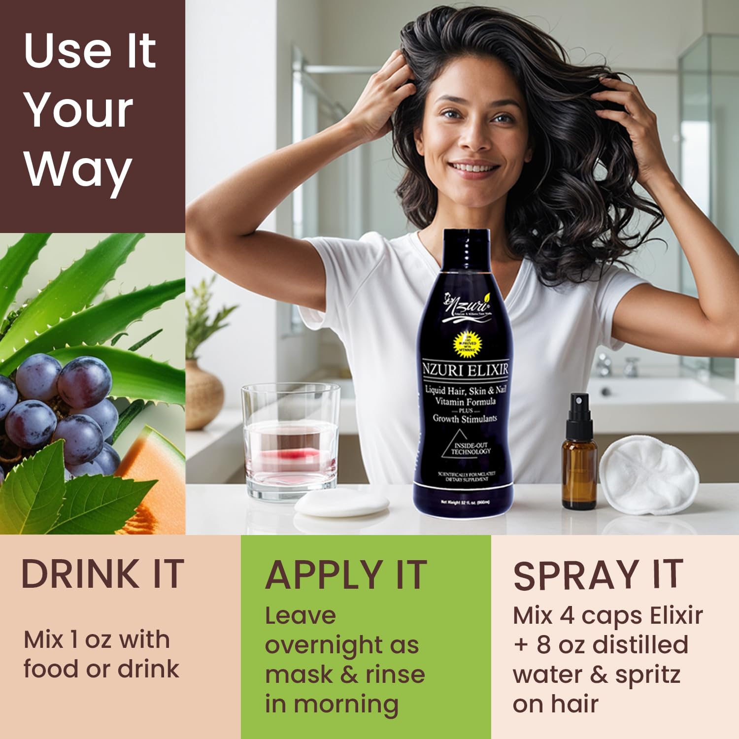 Nzuri Elixir liquid close-up highlighting rich formula for internal use