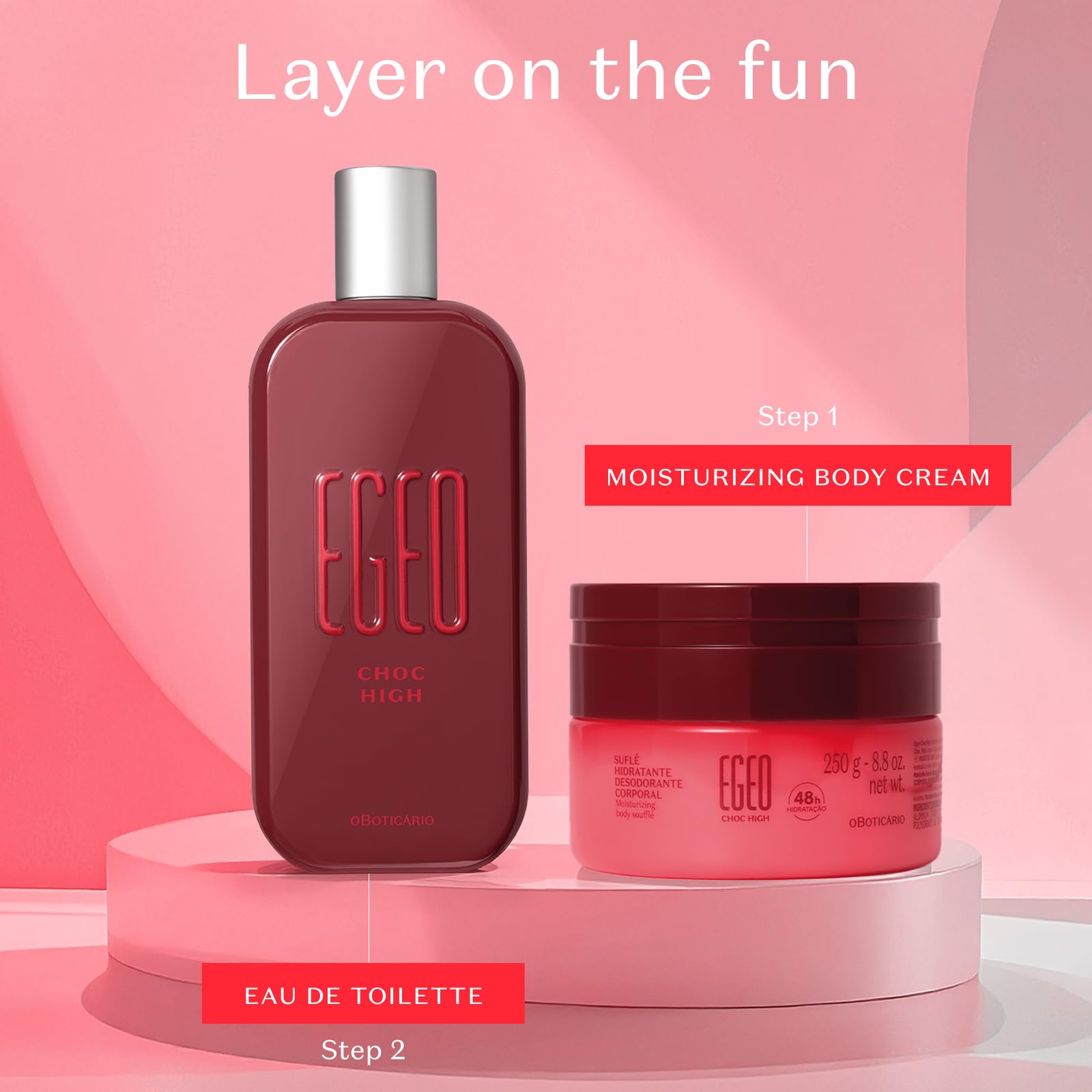 O Boticário Egeo Choc High spray mist demonstrates easy application for spontaneous moments