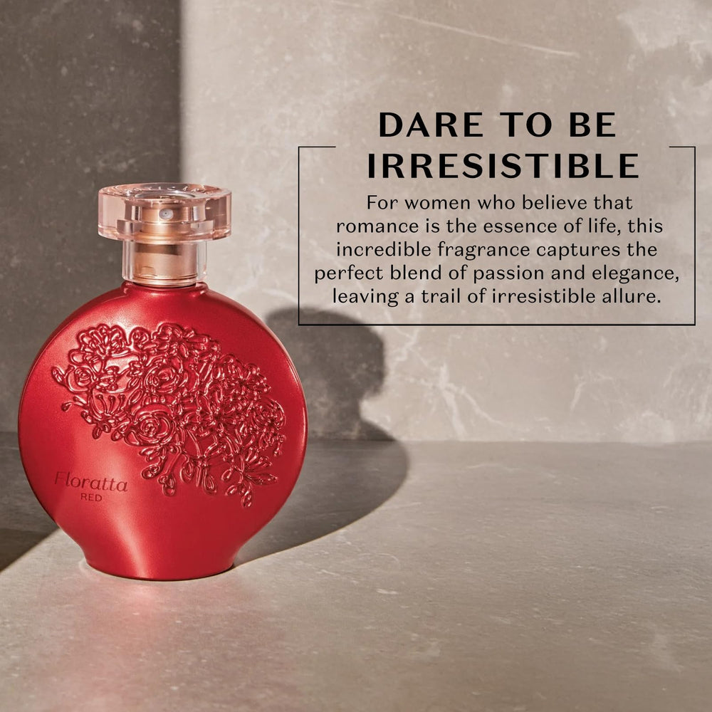 O BOTICARIO Floratta Red fragrance spray captured mid-mist for quick application.