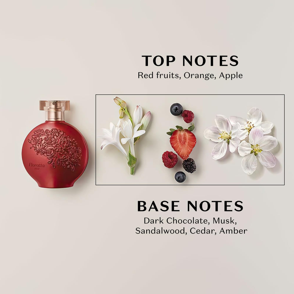 O BOTICARIO Floratta Red glass bottle closeup emphasizes classic romance in a modern bottle.