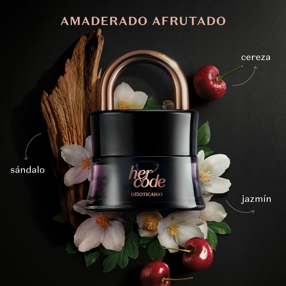 O Boticário Her Code bottle closeup highlighting luxurious fragrance notes.
