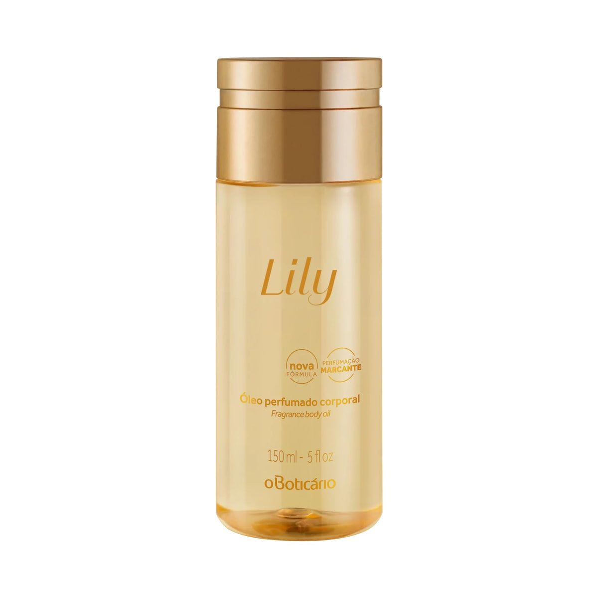 O BOTICÁRIO Lily Body Oil bottle shows light, fast-absorbing moisture for daily use.