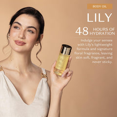 O BOTICÁRIO Lily Body Oil label highlights fragrance-rich hydration for soft skin.