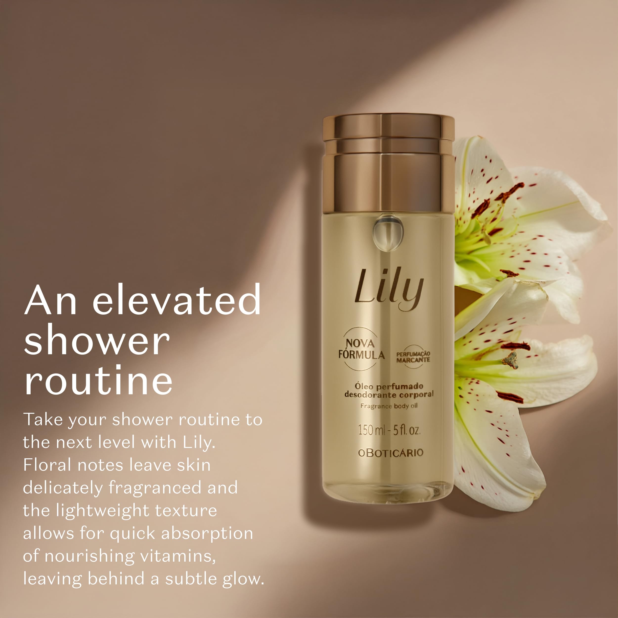 Lily Body Oil packaging in a 5 oz size emphasizes long-lasting moisture.