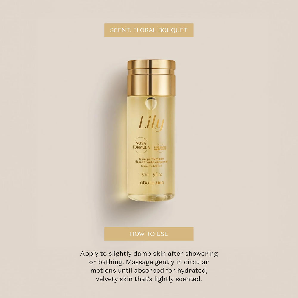 O BOTICÁRIO Lily Body Oil pour demonstrates quick absorption with non-greasy feel.