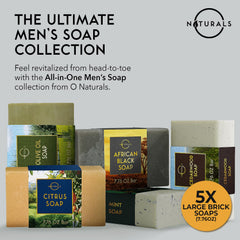 O Naturals cedarwood bar soap close-up with apricot kernel exfoliant for a deeper feel.