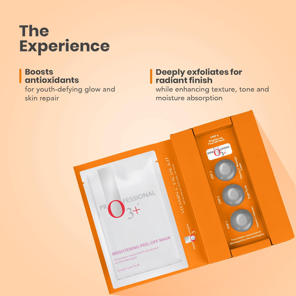 O3+ Vitamin C facial kit packaging shown for premium at-home spa vibe.