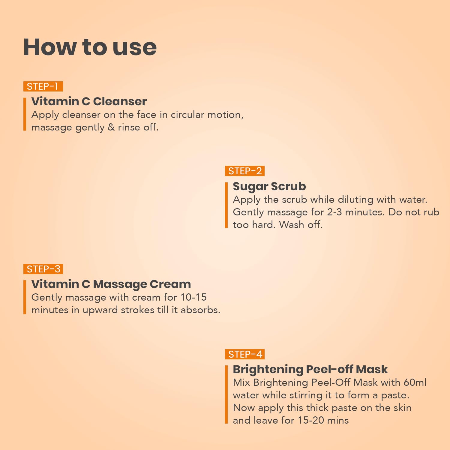 O3+ Vitamin C facial kit usage steps illustrated for salon-like results.