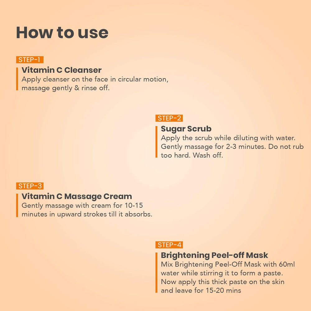 O3+ Vitamin C facial kit usage steps illustrated for salon-like results.