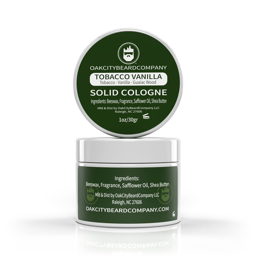 Oak City Beard Company Tobacco Vanilla solid cologne in a 1oz tin for travel fragrance