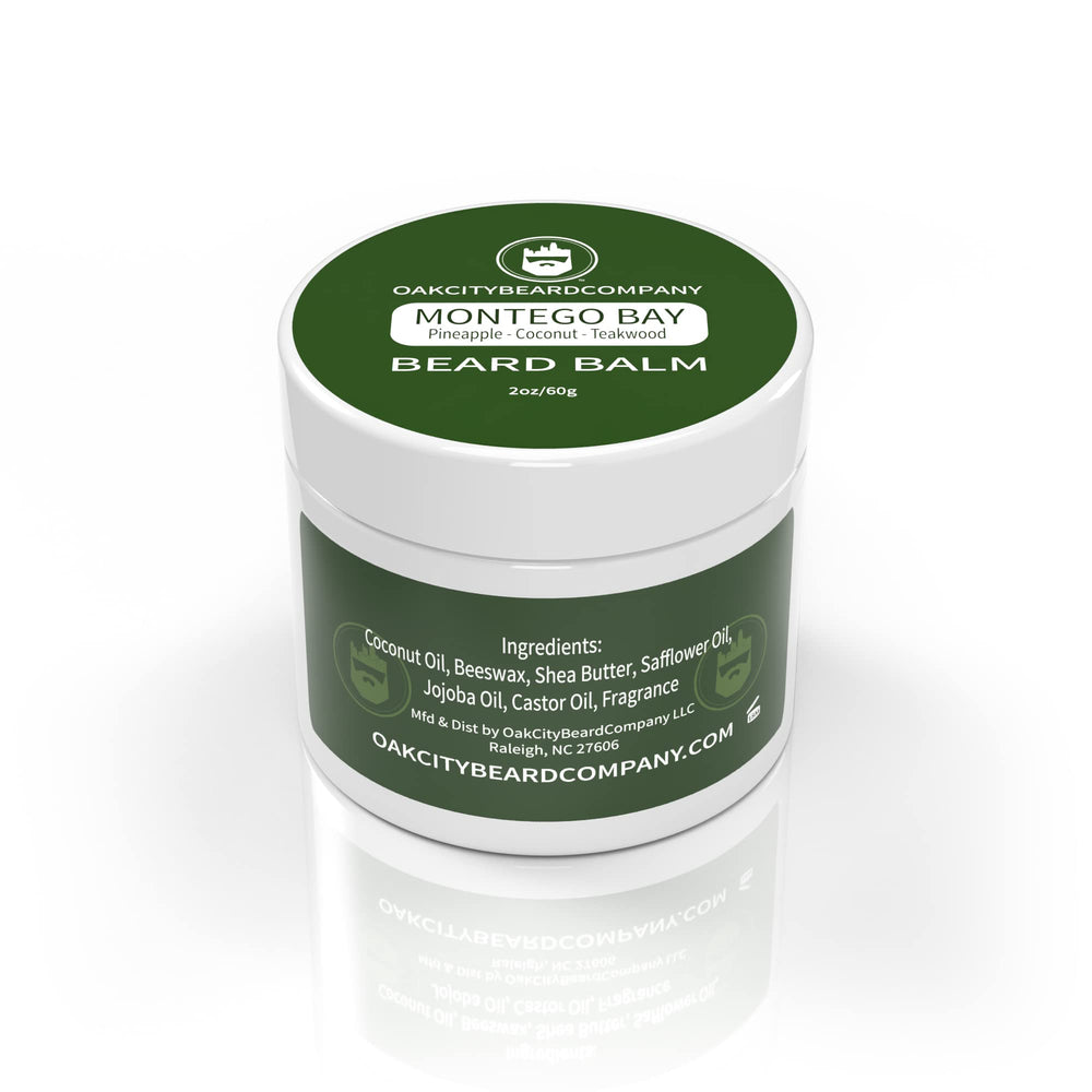 Oak City Beard Company Montego Bay application imagery highlighting easy daily conditioning.